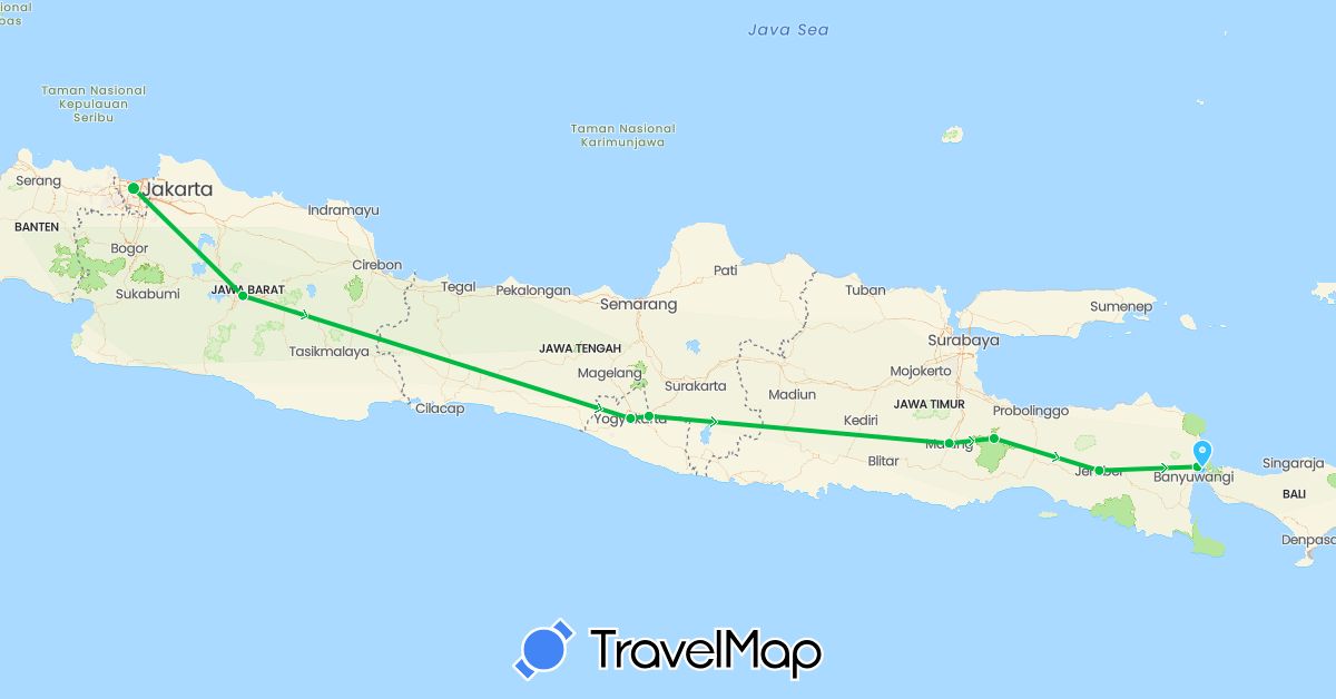 TravelMap itinerary: driving, bus, boat in Indonesia (Asia)